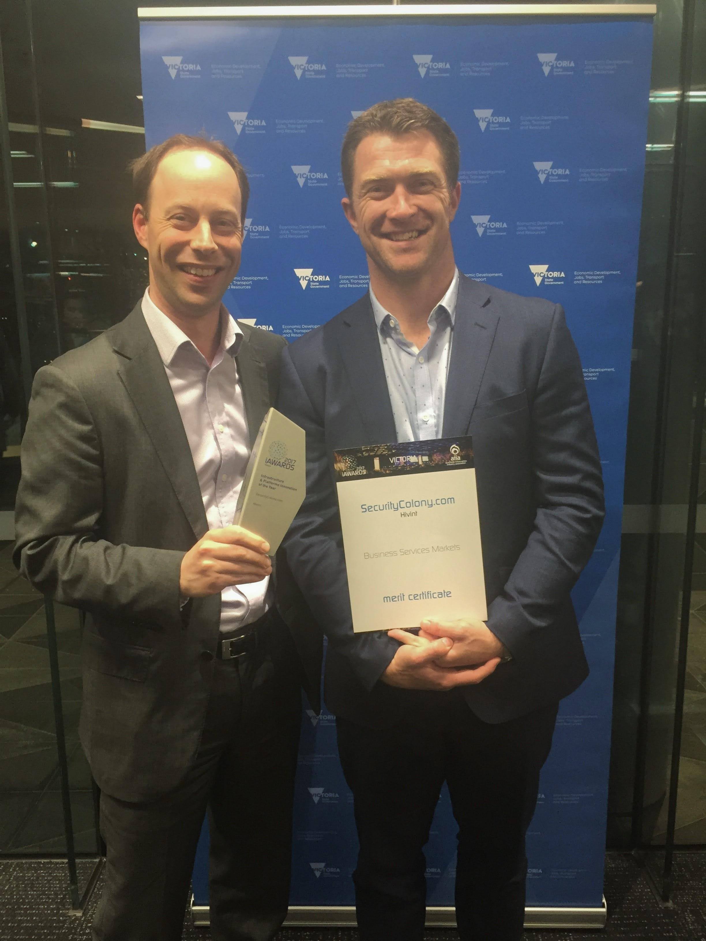 Craig Searle and Nick Ellsmore, iAwards 2017, SecurityColony Infrastructure & Platform Innovation Finalist